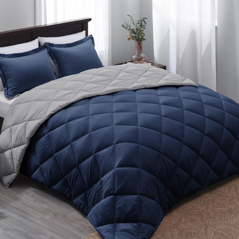 Basic Beyond Queen Comforter Set - Navy Blue Comforter Set Queen Size, Reversible Bed Comforter Queen Set for All Seasons, Navy/Grey, 1 Comforter (88"x92") and 2 Pillow Shams (20"x26"+2") - Image 1